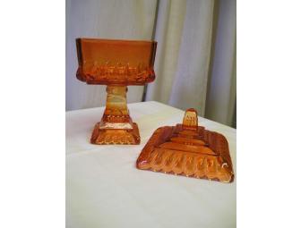 Vintage Covered Amber/Orange Glass Pedestal Candy or Nut Dish