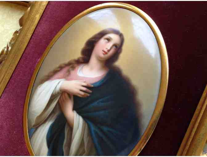 Convex oval Porcelain Plaque with Carved Gold Colored Frame