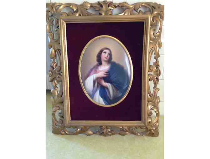 Convex oval Porcelain Plaque with Carved Gold Colored Frame