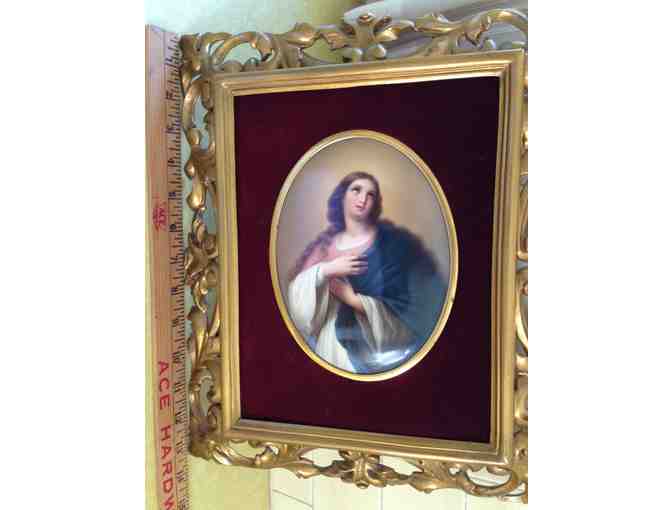 Convex oval Porcelain Plaque with Carved Gold Colored Frame