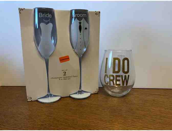 Bride and Groom Champagne Flutes and 'I Do Crew' glass