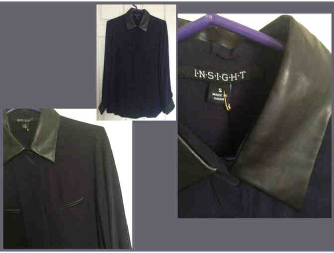 I.N.S.I.G.H.T NEW YORK Faux Leather Collar Navy Blue Blouse (Size S)