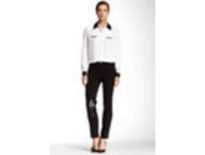 I.N.S.I.G.H.T NEW YORK Faux Leather Collar Navy Blue Blouse (Size S)