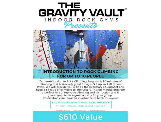 Gravity Vault - Intro to Rock Climbing for 10 people