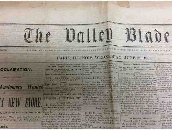 Authenic 1861 Paris, IL Newspaper