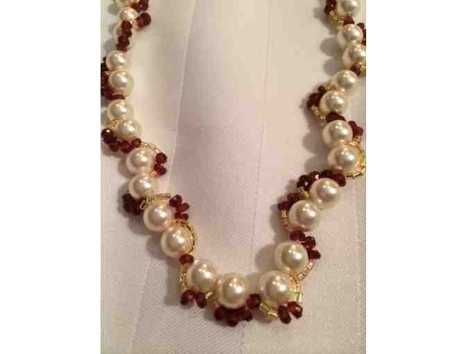 Handmade Faux Pearl Necklace with Garnets & Earrings