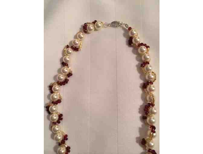 Handmade Faux Pearl Necklace with Garnets & Earrings