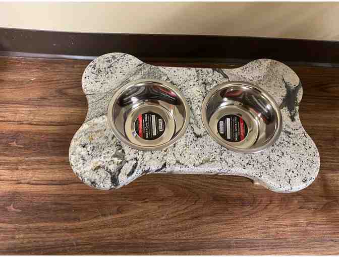 Small Granite Dog Bone Shaped Feeder With Wooden Stand