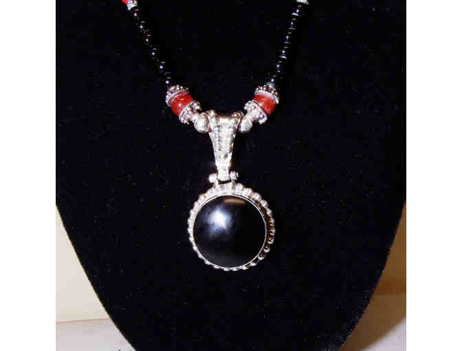 Handmade Black Onyx, Red Jasper, and Sterling Silver Beaded Necklace