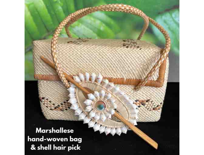Hand-woven bag and shell hair pick from the Marshall Islands