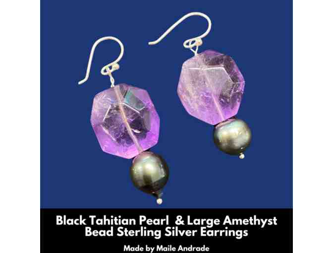 Black Tahitian Pearl and Large Amethyst Bead Sterling Silver Earrings by Maile Andrade