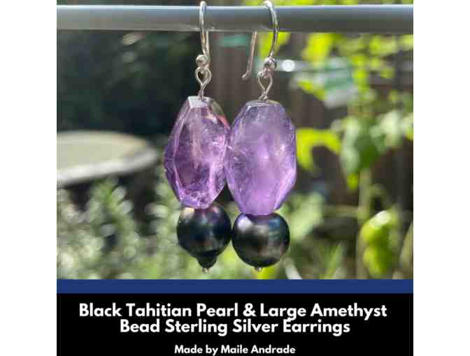 Black Tahitian Pearl and Large Amethyst Bead Sterling Silver Earrings by Maile Andrade