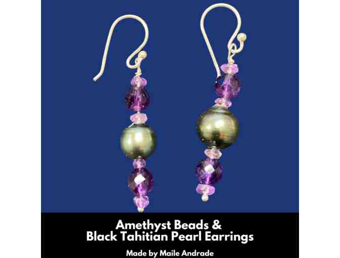 Black Tahitian Pearl and Amethyst Beads Sterling Silver Earrings by Maile Andrade