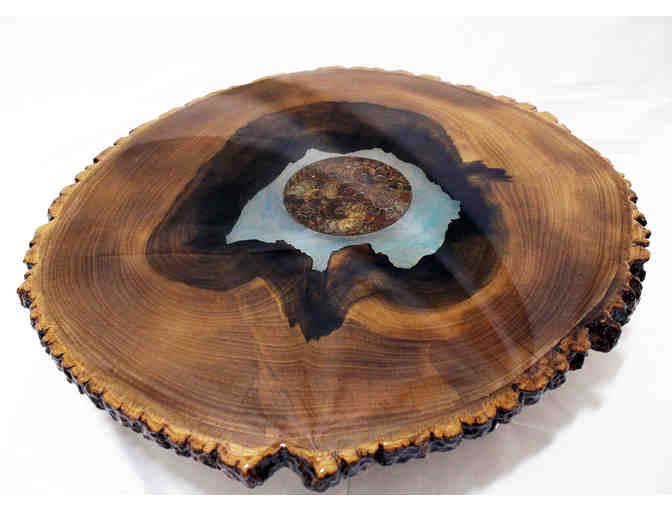 Live-edge Tree Slab Stool with Slice of Ammonite Fossil shells in Epoxy