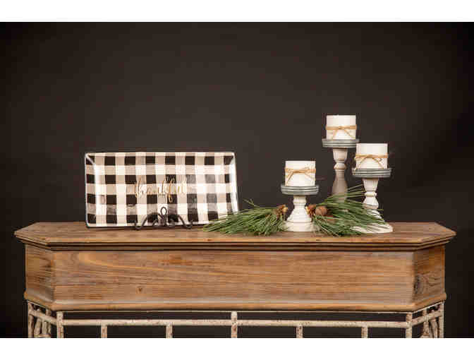 Black and White Plaid Platter and Candle Set