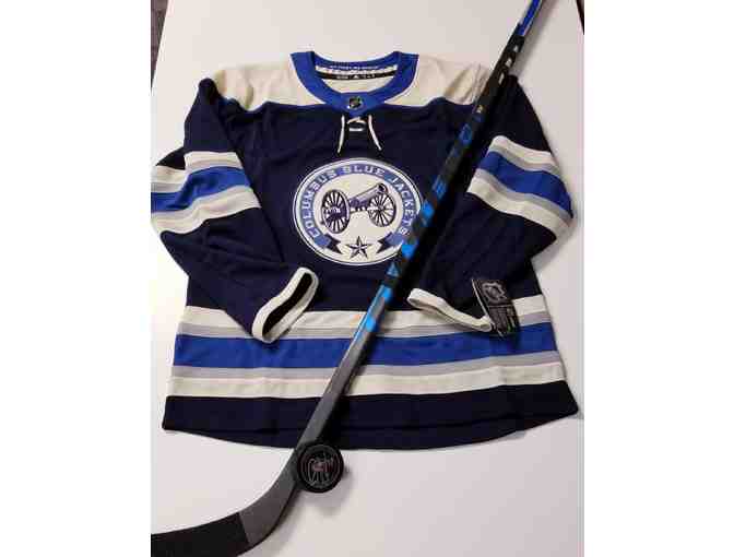 Columbus Blue Jackets 3rd Jersey, Autographed Puck, Autographed Game Stick