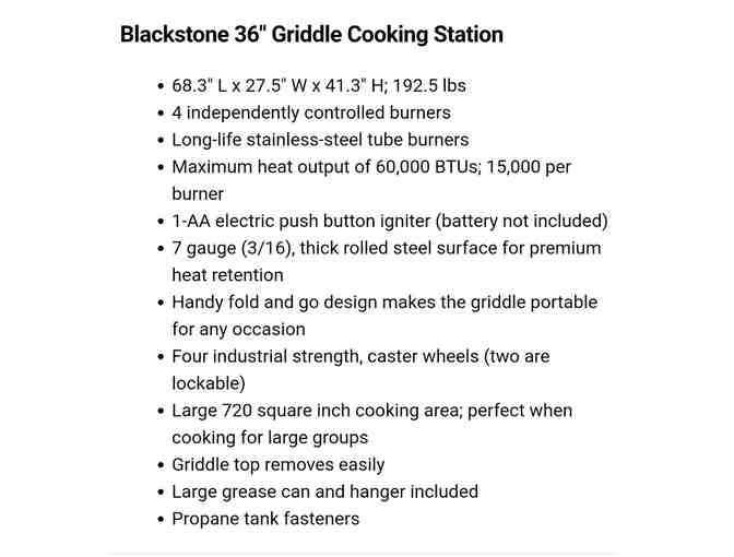 Blackstone 36' Griddle Donated by Bob & Shannon Lake Friends & Family.