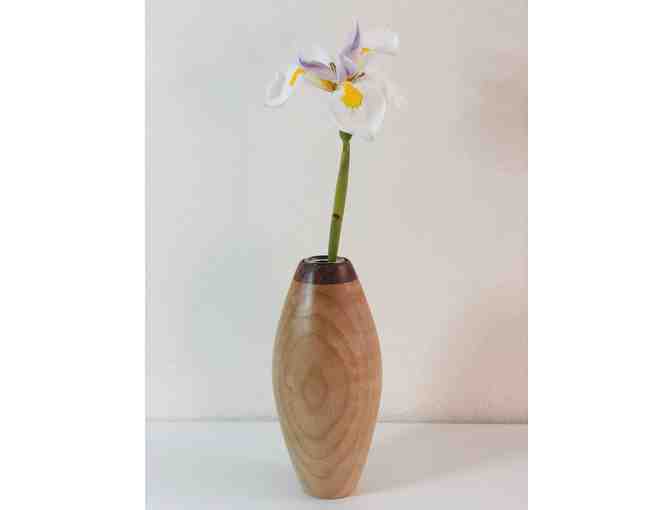 Bud vase turned from Figured Maple, with Maidou Burl (Vietnam) collar