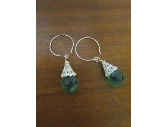 Green Glass Silver Teardrop Earrings