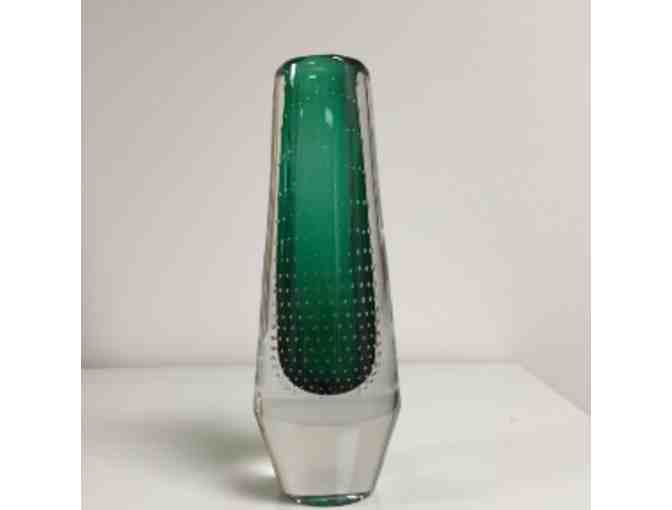 Heavy Bubbled Clear and Green Glass Stem Vase