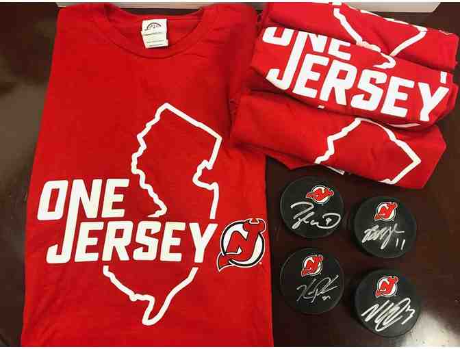 4 Autographed NJ Devils Game Pucks and Shirts