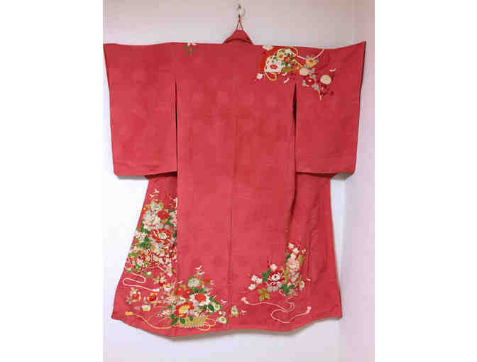 Vintage Formal Kimono with Flowers, Chariot, and Surihaku Gold Leaf