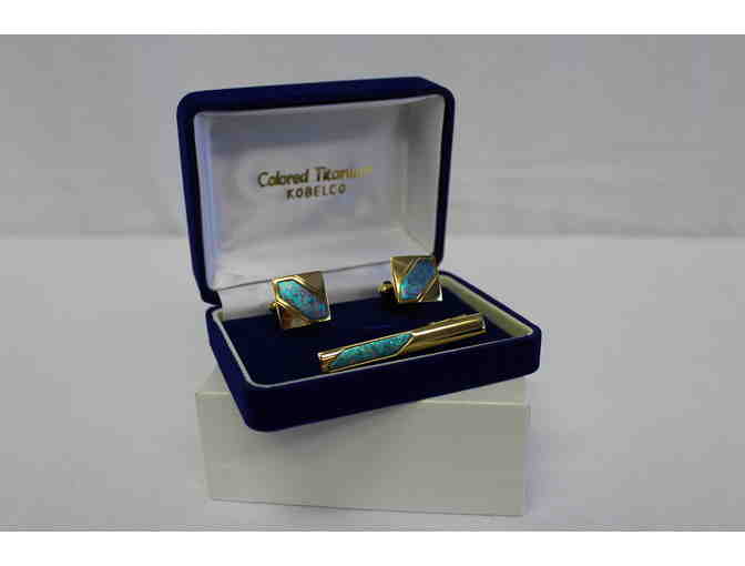 His + Hers Kobelco Colored Titanium Cuff Links, Tie Clip & Ladies Brooch