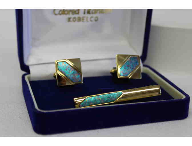 His + Hers Kobelco Colored Titanium Cuff Links, Tie Clip & Ladies Brooch