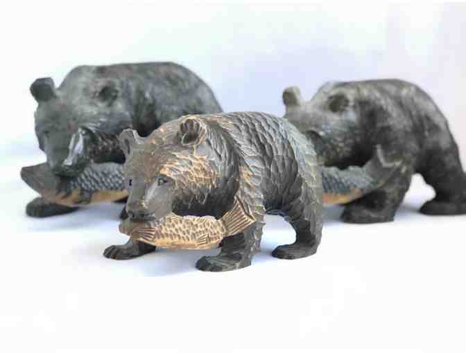 Three (3) Collectible Ainu Wooden Carved Bear and Salmon