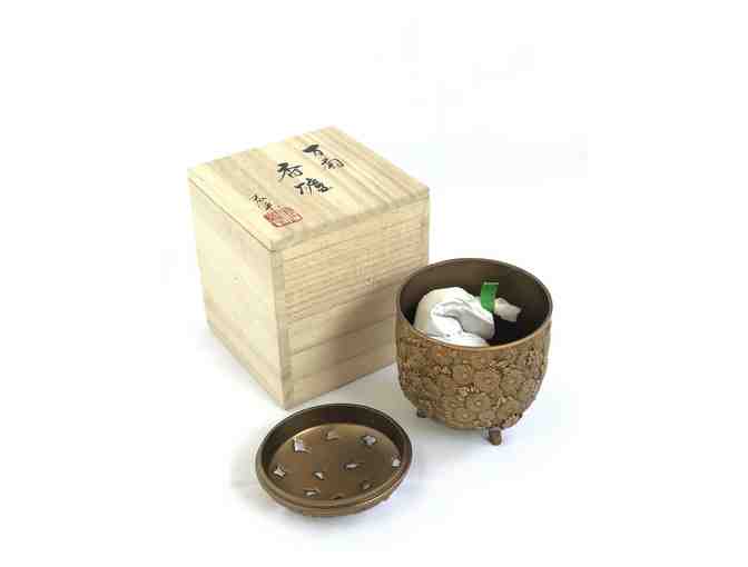 Gold Metal Incense Holder with Lid and Small Wooden Box