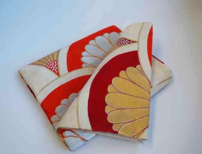 STAFF-CREATED/CURATED: Red, Gold and Orange Flower Fan Patterned Obi Table Runner