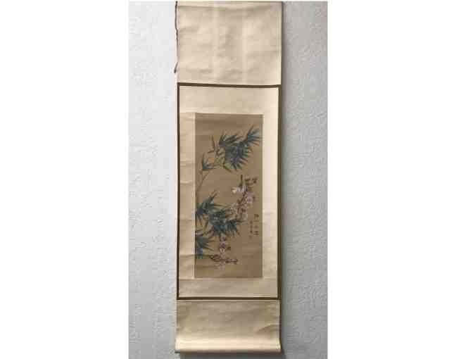 Traditional Japanese Scroll with Bird and Cherry Blossom Branch - Photo 1