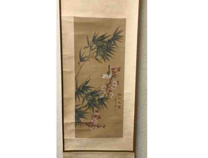 Traditional Japanese Scroll with Bird and Cherry Blossom Branch