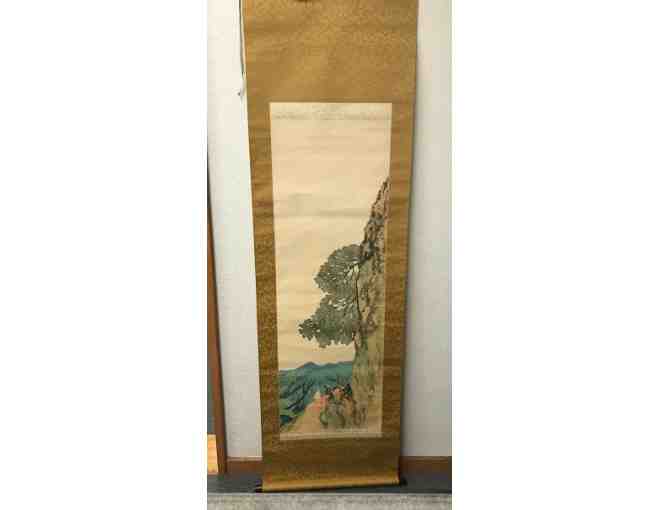 Traditional Japanese Scroll with Mountains and Trees
