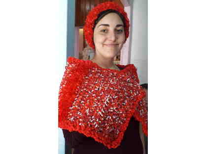 Shawl with matching white or black headband - Hand Crocheted Red and White