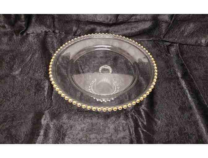 Clear Glass Pedestal Plate with Gold Beading
