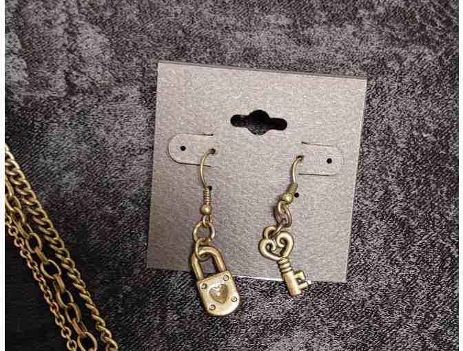 Vintage Bronze Necklace & Earring Set, Heart Lock & Key