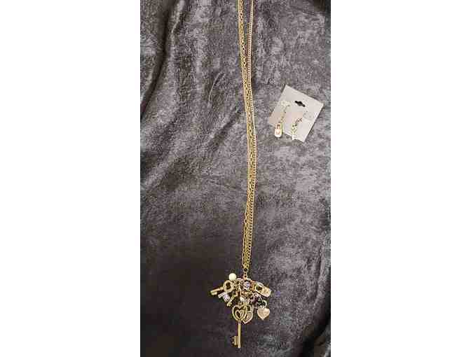 Vintage Bronze Necklace & Earring Set, Heart Lock & Key