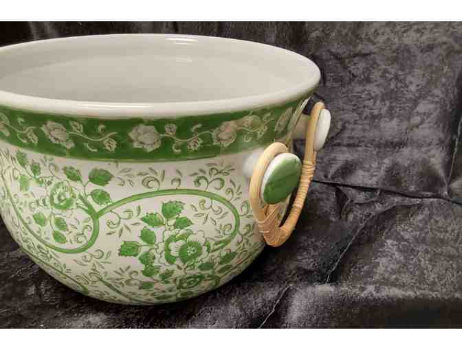 Two's Company Green & White Party Bucket with Woven Cane Handles