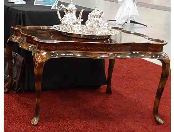 Maitland-Smith Lacquered Shaped Tea Table with Bird & Scenic Decorated Top