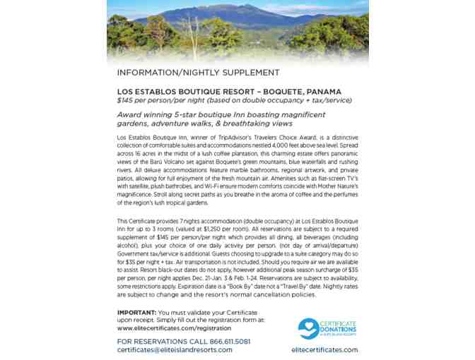 Los Establos Boutique Resort Panama, 7 nights, 3 rooms-double occupancy