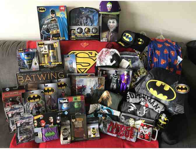 HUGE Basket of DC Entertainment Themed Toys, Clothing, and Collectibles!