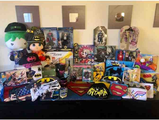 HUGE Basket of DC Entertainment Themed Toys, Clothing, and Collectibles!