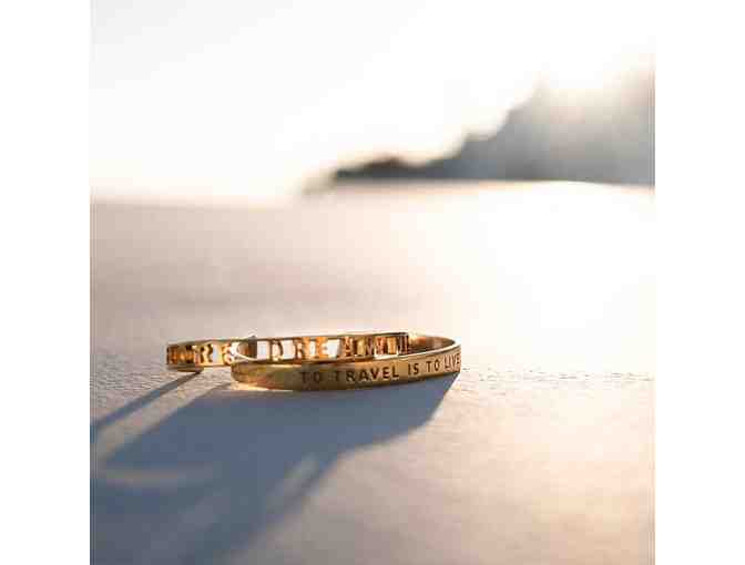 Jet Set Gold Inspirational Cuff Bracelet 'To Travel Is To Live'