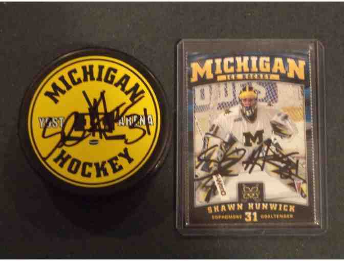 Shawn Hunwick autographed Michigan hockey puck and card