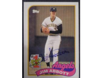 Jim Abbott autographed baseball glove and baseball card