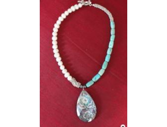Freshwater Pearl, Turquoise and Silver Necklace with Large Teardrop Pendant