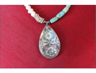 Freshwater Pearl, Turquoise and Silver Necklace with Large Teardrop Pendant
