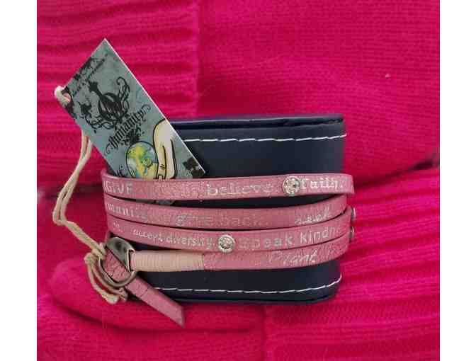 'Humanity' Pink leather wrap around ladies bracelet with crystals, one size