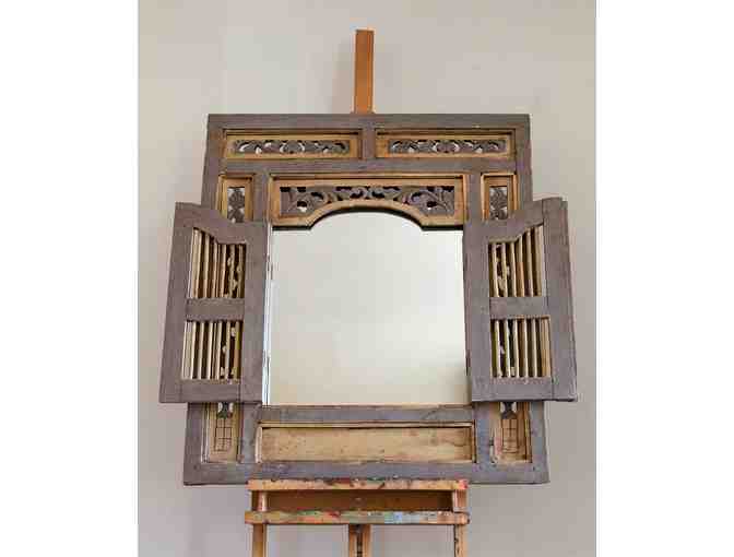 Mirror with Wooden Frame and Hinged Doors
